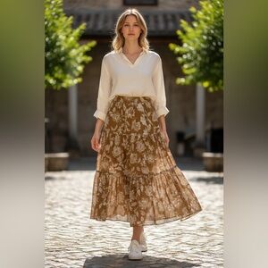 LOFT Brown Floral Tiered Maxi Skirt